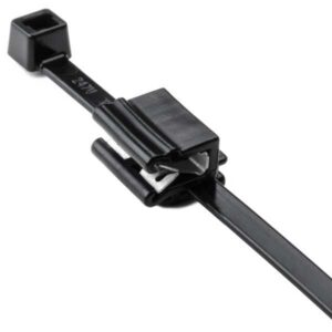 Black cable tie with adjustable locking mechanism and mounting base.