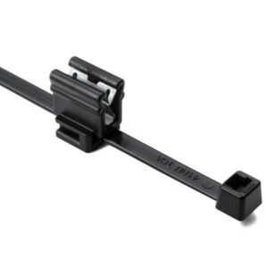 Black cable management clip with adjustable mounting bracket on dark strap.