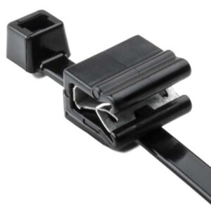 Black plastic cable clamp with adjustable grip mechanism and mounting bracket.