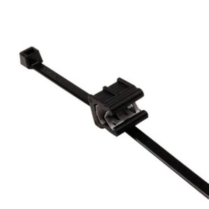 Black cable tie mount with adjustable clamp on a black cord.