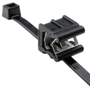 Black plastic cable clamp with adjustable grip mechanism mounted on a rail.