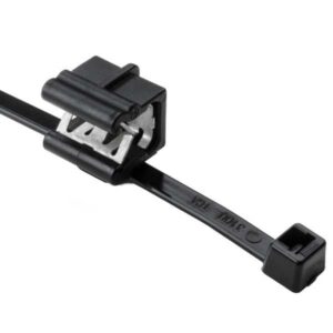 Black SATA data cable with connector and clip on white background.