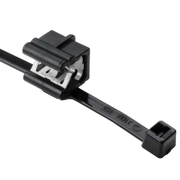 Black SATA data cable with connector and clip on white background.
