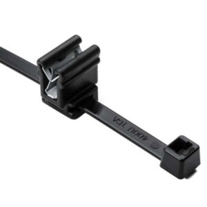 Black cable tie mount with adjustable clamp and adhesive base.