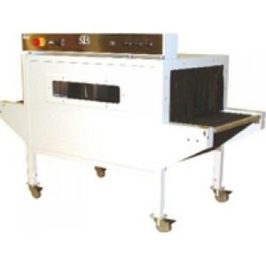 Industrial conveyor oven with white exterior and dark interior chamber on wheeled base.