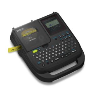 Black portable label maker with QWERTY keyboard and dual display screens.