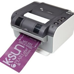 A desktop label printer dispensing a purple printed label.