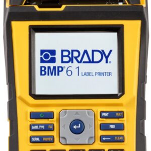 Brady BMP61 label printer with yellow and black casing, display screen, and QWERTY keyboard.