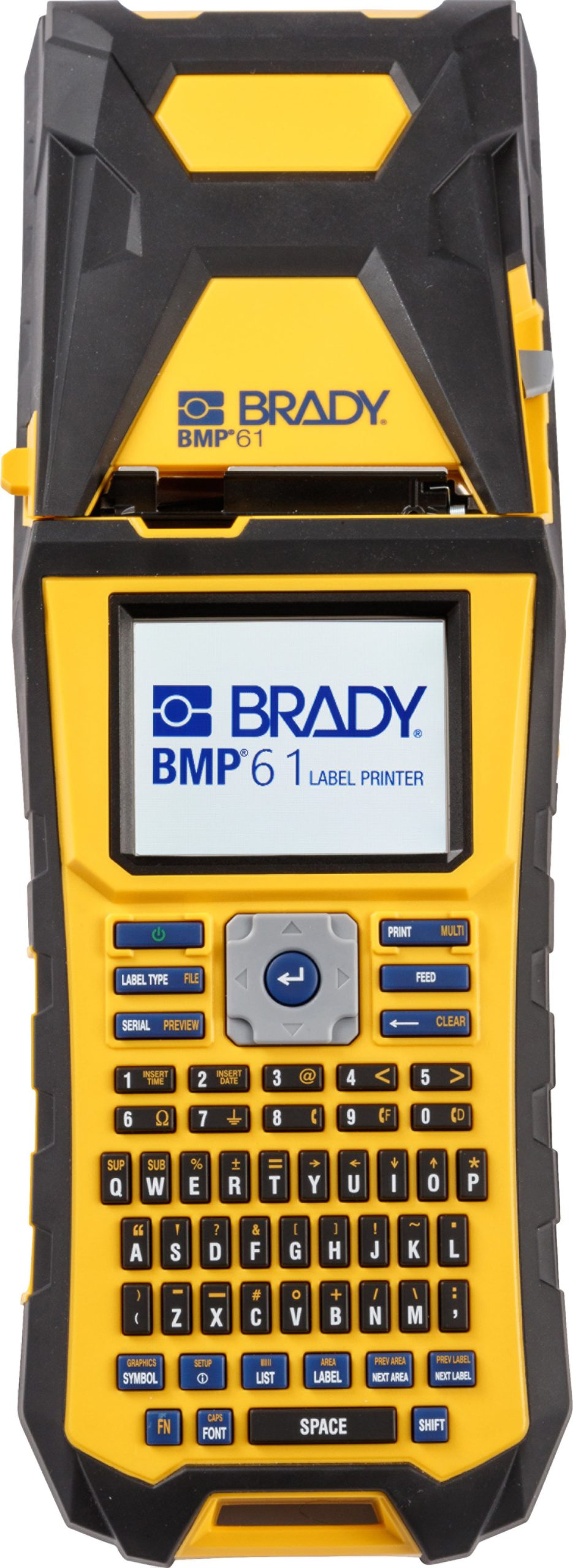 Brady BMP61 label printer with yellow and black casing, display screen, and QWERTY keyboard.
