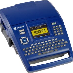 Brady BMP71 portable label printer with blue casing, display screen, and QWERTY keyboard.