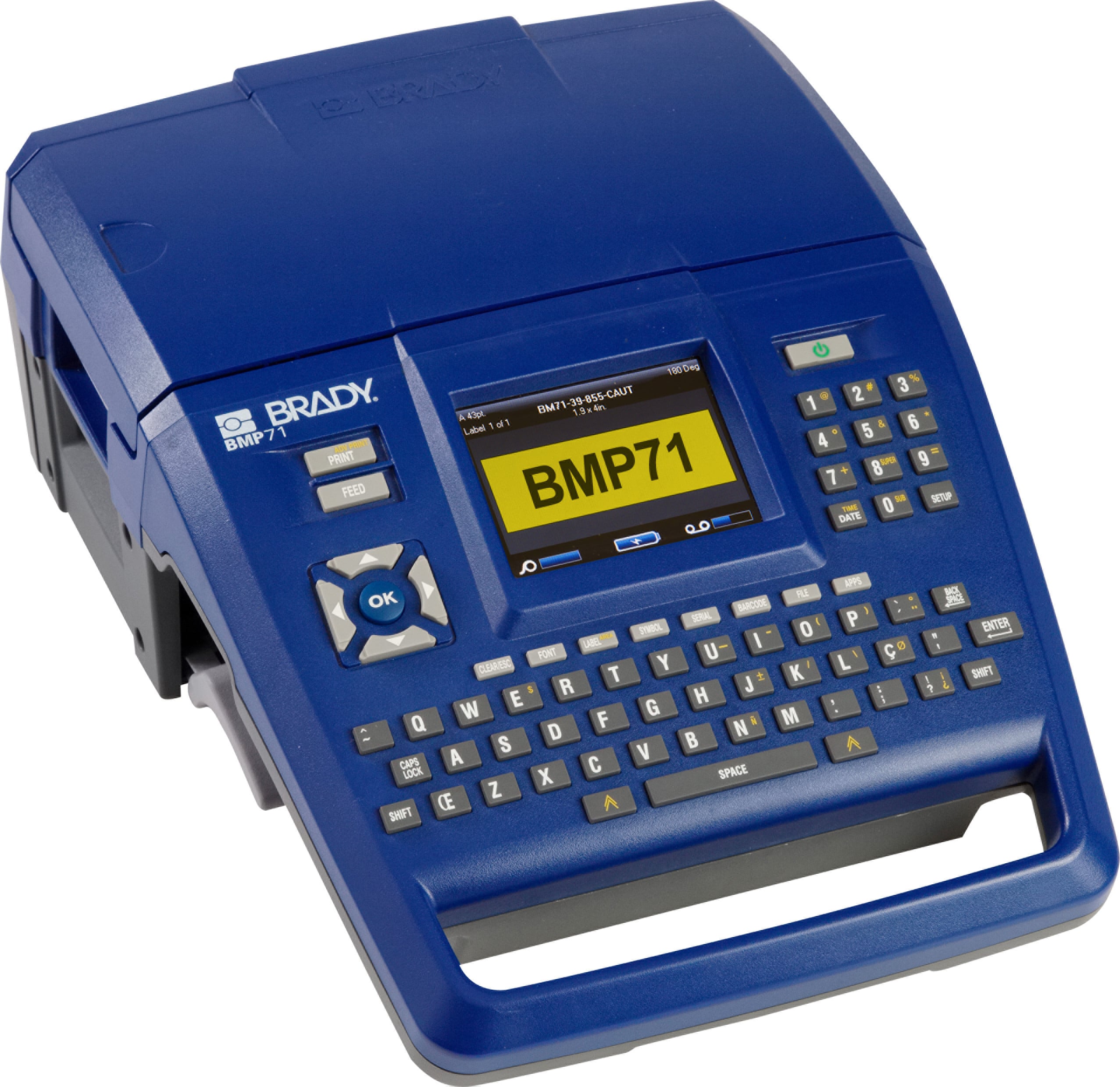 Brady BMP71 portable label printer with blue casing, display screen, and QWERTY keyboard.
