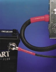 A coiled black cable with red connectors on a blue and dark background.