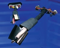 An ejection seat assembly with parachute pack and leg restraints displayed against a blue.