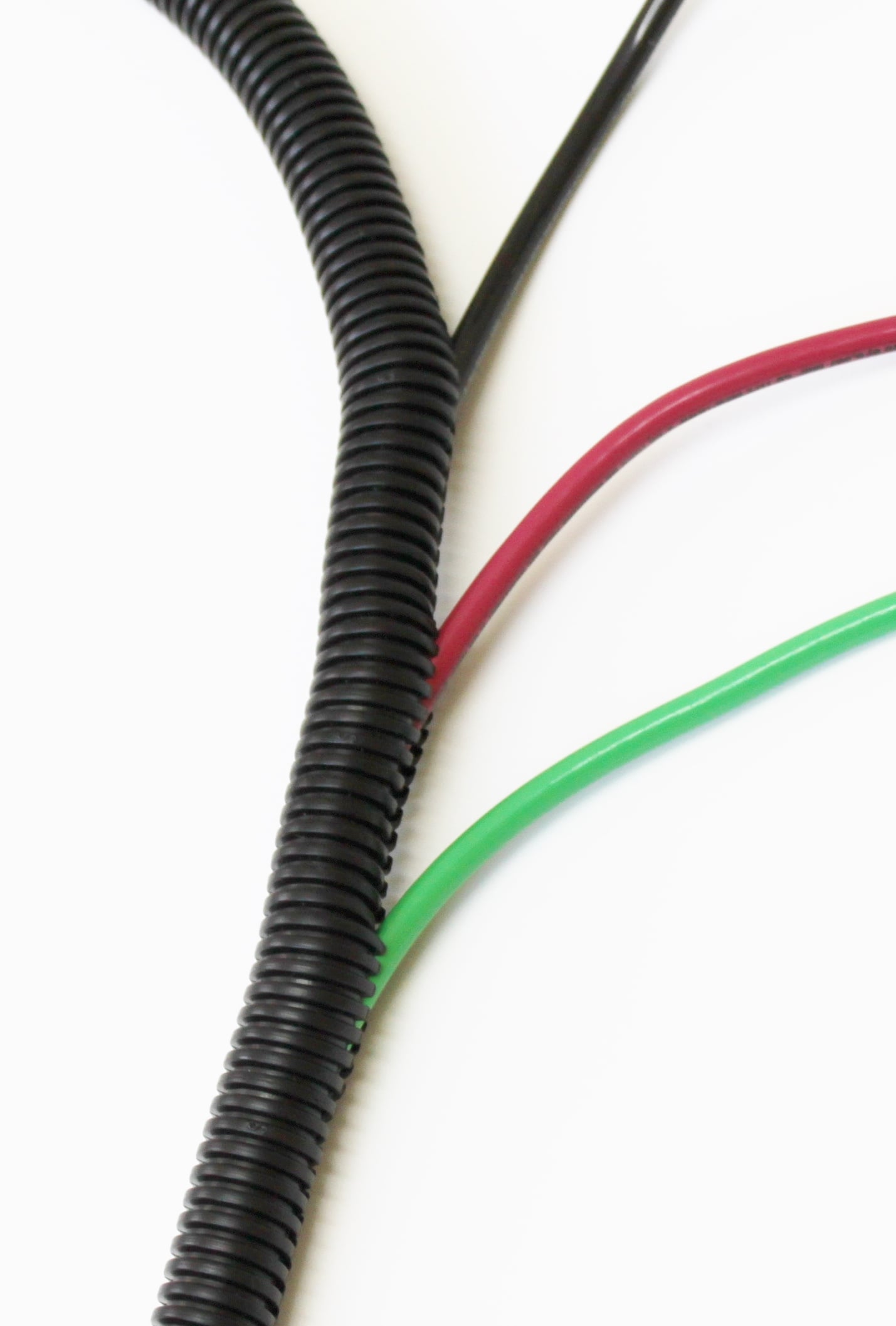 Black corrugated tubing with red and green electrical wires against a white background.