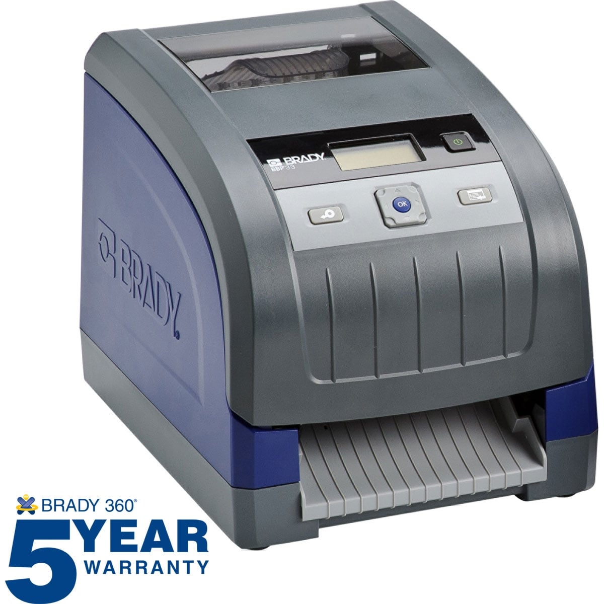 Brady 360 label printer with gray and blue casing, control panel, and 5-year warranty badge.