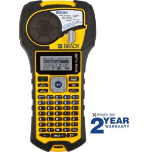 Brady BMP21-PLUS handheld label maker with black and white nylon tape cartridge and 2-year warranty.