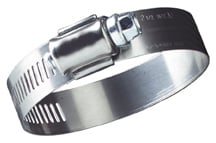 Stainless steel hose clamp with adjustable worm gear mechanism.