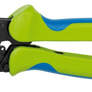 Crimping tool with lime green and blue handles and black metal head.