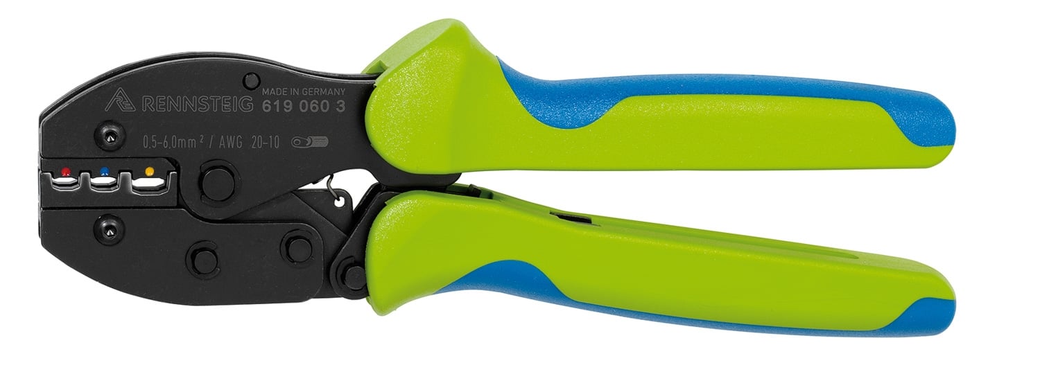 Crimping tool with lime green and blue handles and black metal head.