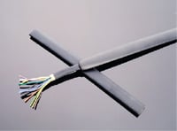 Two network cables with exposed twisted pair wires crossing each other.
