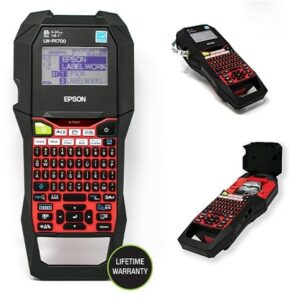 Epson handheld label printer with red keyboard shown from multiple angles.