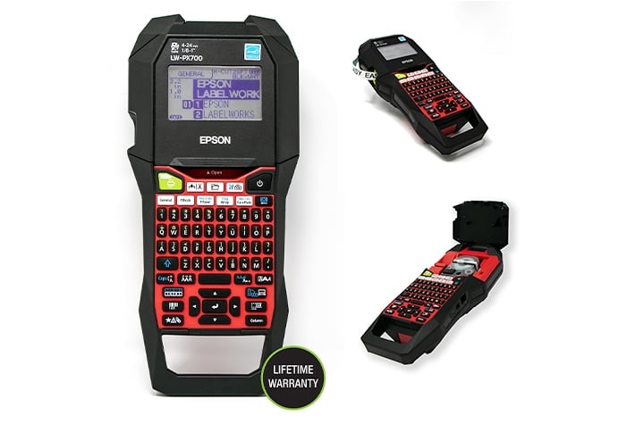 Epson handheld label printer with red keyboard shown from multiple angles.