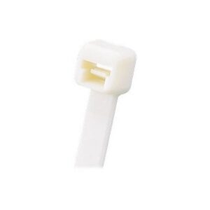 White cable tie with a gold metal locking mechanism.
