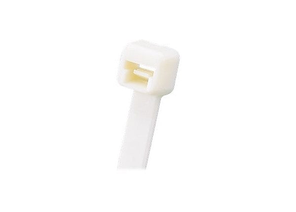 White cable tie with a gold metal locking mechanism.