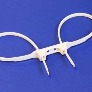 White cable ties arranged in a figure-eight pattern on a blue background.