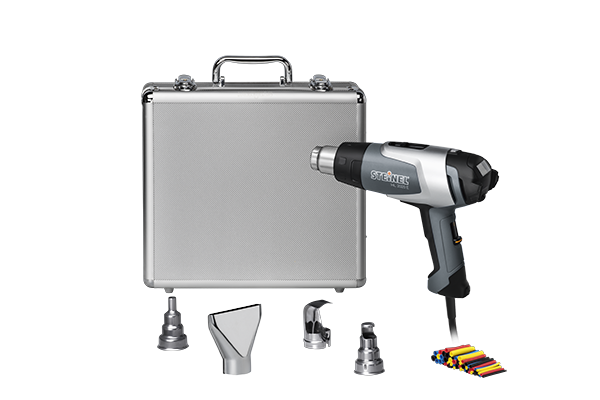 Heat gun kit with carrying case and multiple nozzle attachments.