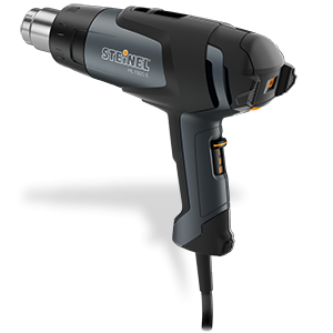 Black corded heat gun with trigger handle and cylindrical nozzle attachment.