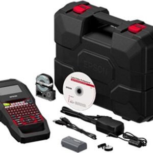Epson label maker kit with carrying case, software CD, power adapter, and accessories.