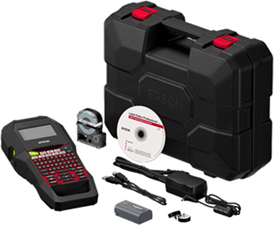 Epson label maker kit with carrying case, software CD, power adapter, and accessories.