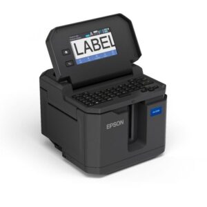 Epson label printer with flip-up display screen showing "LABEL" text.