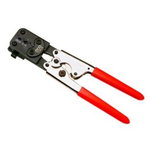 Red-handled network cable crimper tool with metal jaws and adjustment mechanism.