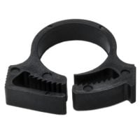 Black plastic pipe clamp with two hinged sections and mounting holes.