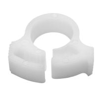 White plastic clip or clamp with two curved arms and a central opening.