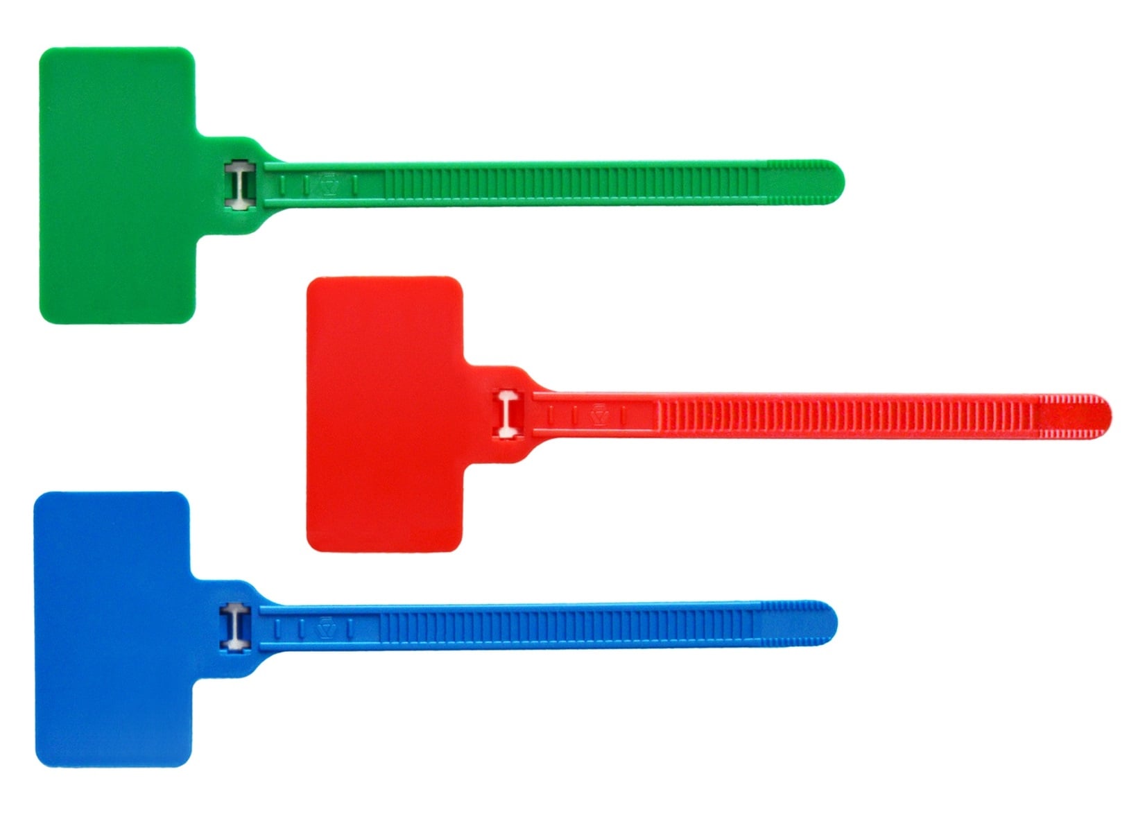 Three plastic cable ties in green, red, and blue arranged horizontally.