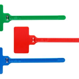 Three plastic cable ties in green, red, and blue arranged horizontally.