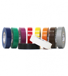 Assorted rolls of colored duct tape and electrical tape arranged in a row.