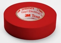 Red electrical tape roll with white label and text on red background.