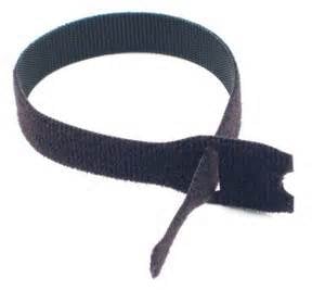 Black cable tie with velcro fastening and loop design.
