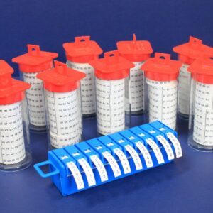 Ten clear cylindrical containers with red lids and numbered labels arranged behind a blue label.