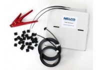 Nellco hearing aid kit with black components and red cables on white background.