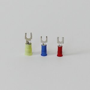 Three insulated spade terminals in yellow, blue, and red arranged in a row.