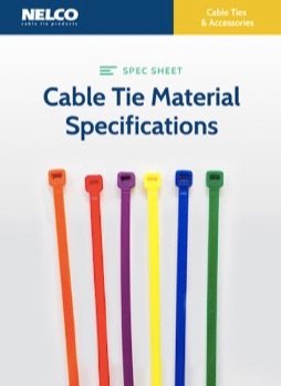 Cable tie material specifications spec sheet showing six colored nylon cable ties in red, pink.