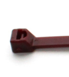 Brown cable tie with square head and ridged locking mechanism.
