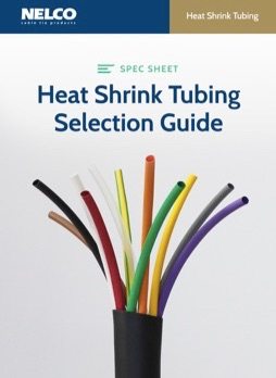 Nelco heat shrink tubing selection guide displaying various colored tubing samples fanned out.