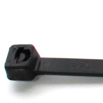 Black cable tie with hexagonal head and flat strap.