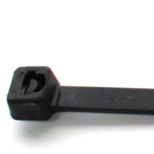 Black cable tie with hexagonal head and flat strap.